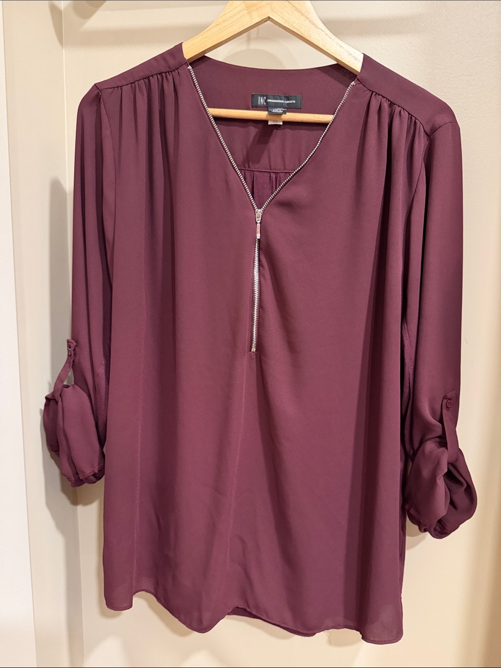 INC International Concepts Plum Zip-Front Roll-Tab Blouse